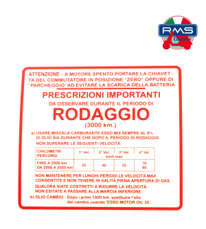 Targhetta rossa "rodaggio" Piaggio Vespa Gs 150cc